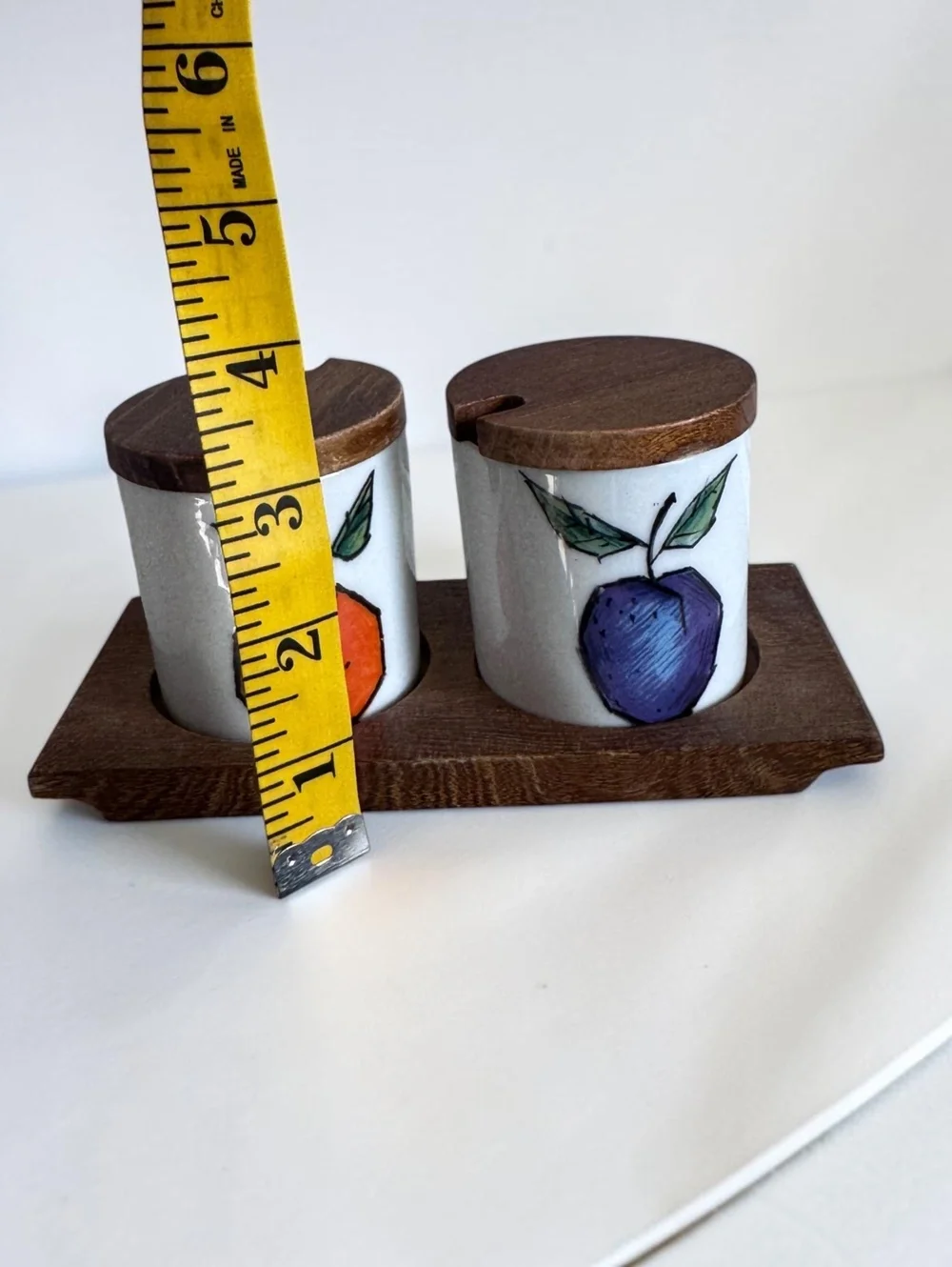 Vintage Japan Fruit Condiment Jars Set of 2 Ceramic Wood Lids & Holder MCM